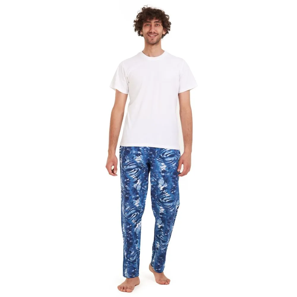 Men summer pajama set White t-shirt  Dark blue tie dye Pants