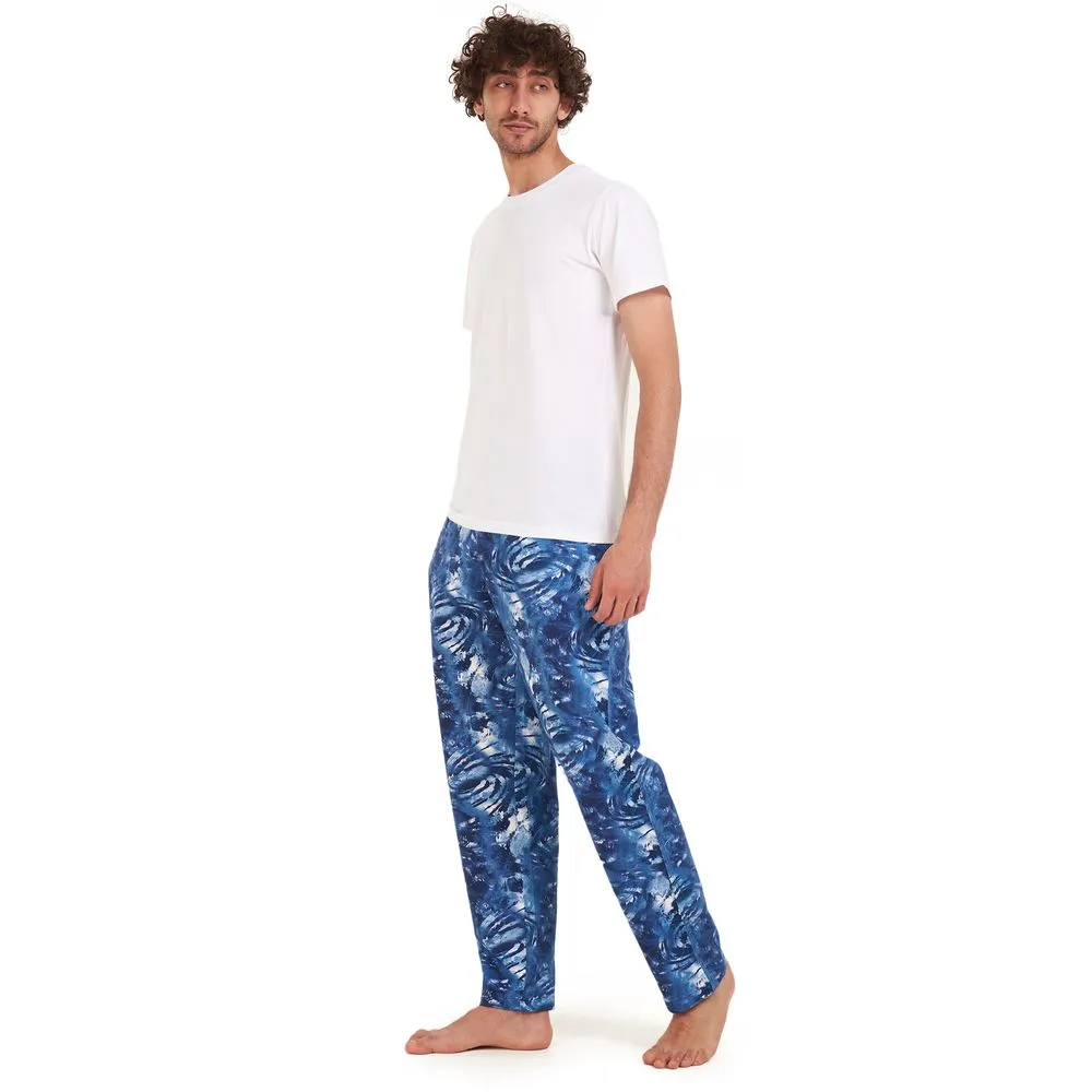 Men summer pajama set White t-shirt  Dark blue tie dye Pants