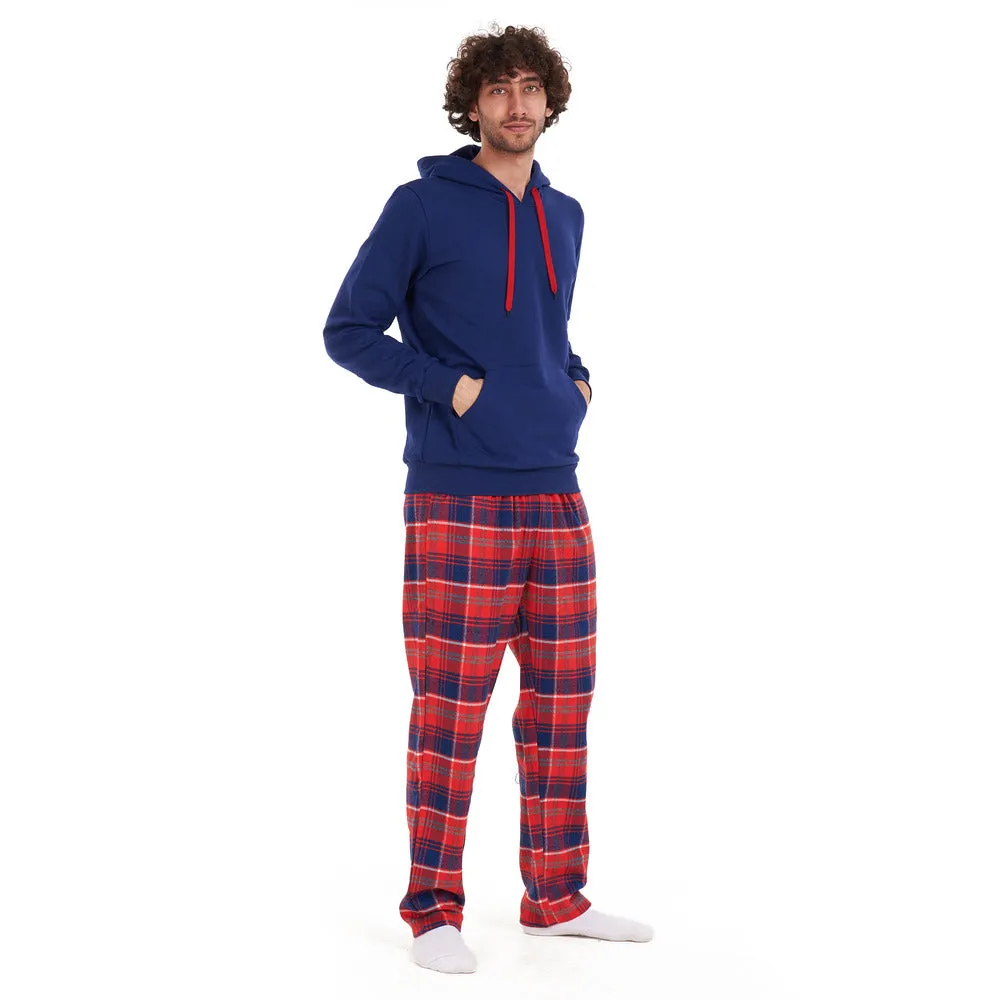 Men Winter Pajama Set Dark blue sweatshirt  Red checkered Pants