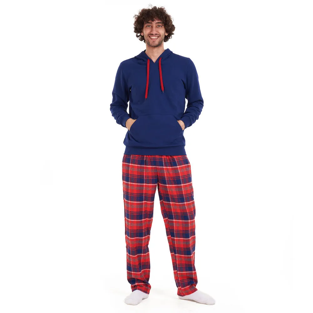 Men Winter Pajama Set Dark blue sweatshirt  Red checkered Pants