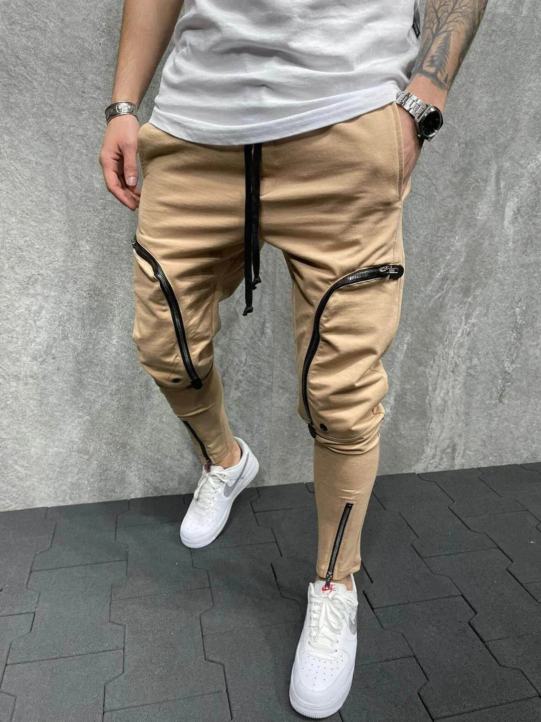 Men Zipper Drawstring Casual Trousers