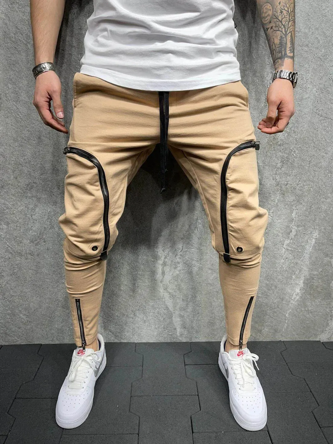 Men Zipper Drawstring Casual Trousers