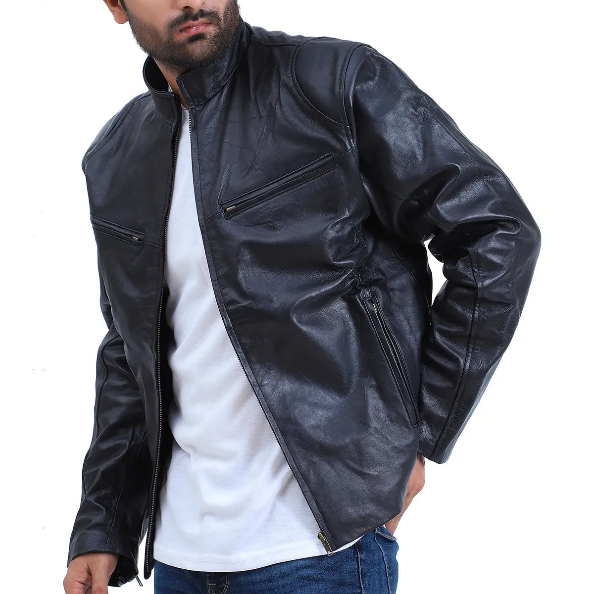 Mens Fashion Biker Black Leather Jacket