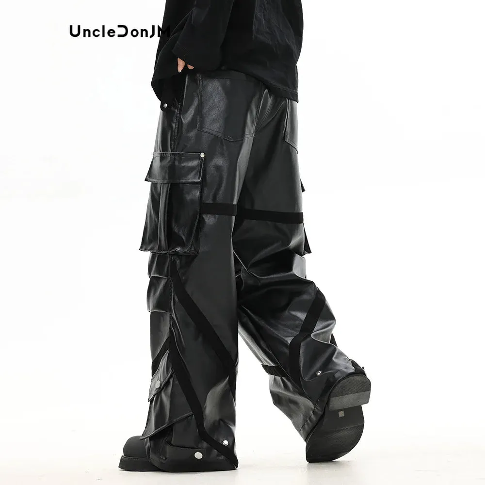 Men's High Street Pleated Leather Pants with Multiple Pockets