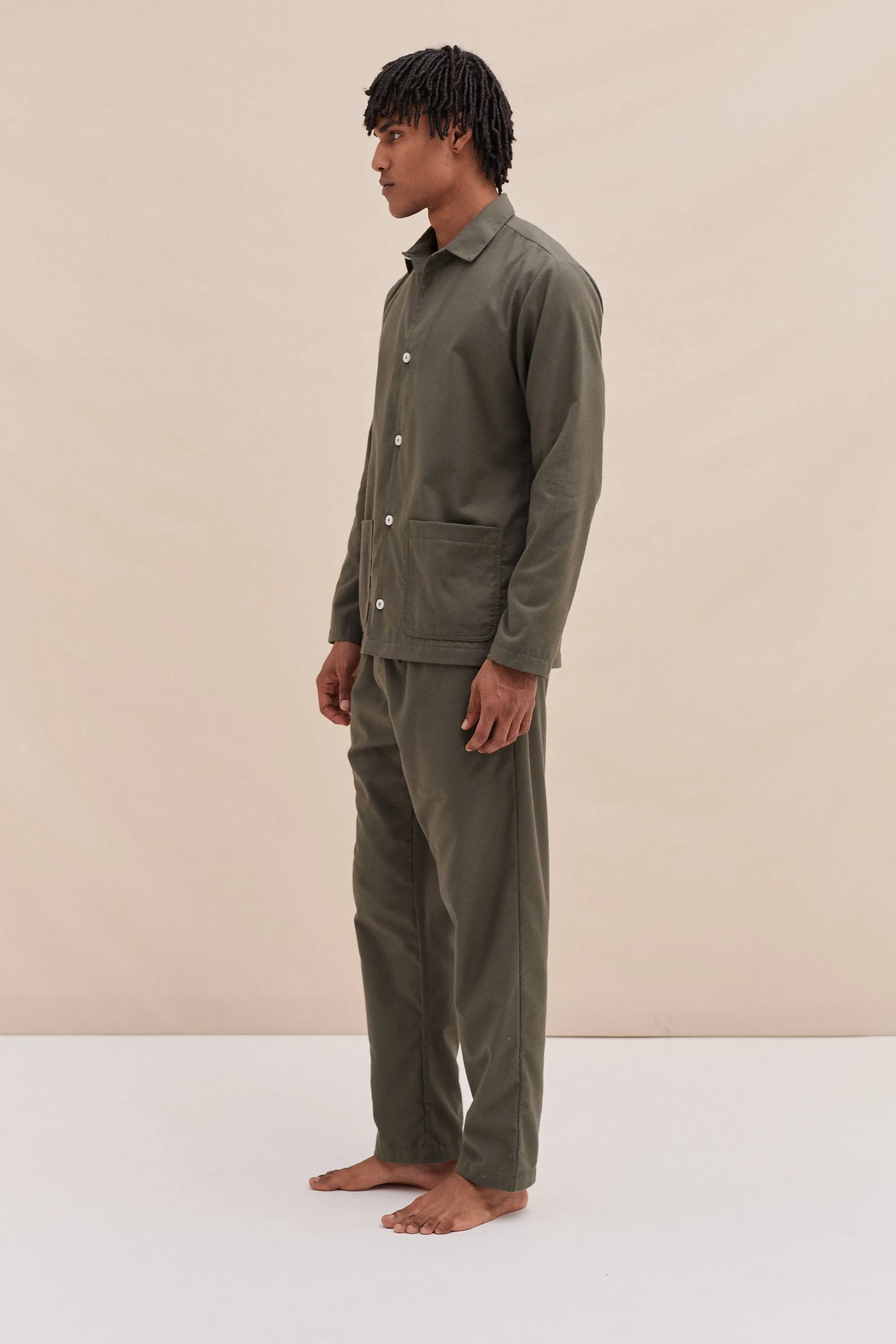 Mens Pocket Pyjama Set Brushed Cotton Khaki