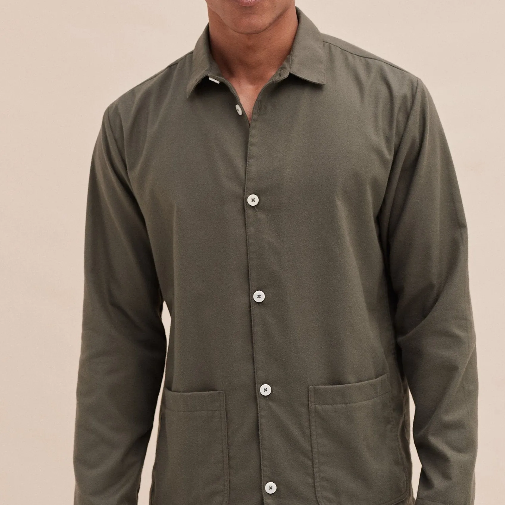 Mens Pocket Pyjama Set Brushed Cotton Khaki