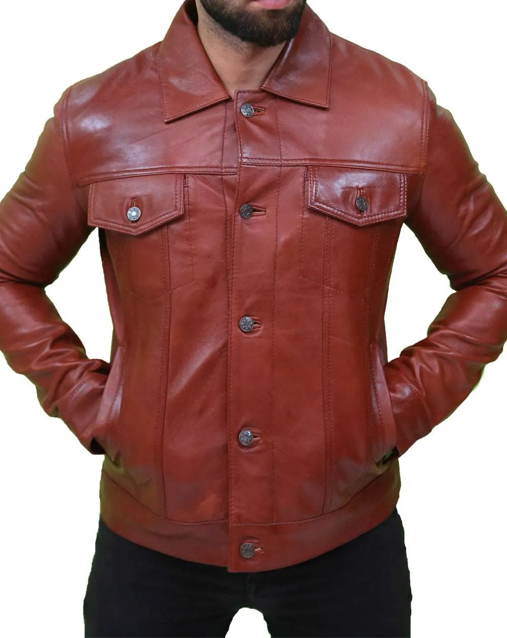 Men's Vintage Classic Brown Leather Trucker Jacket