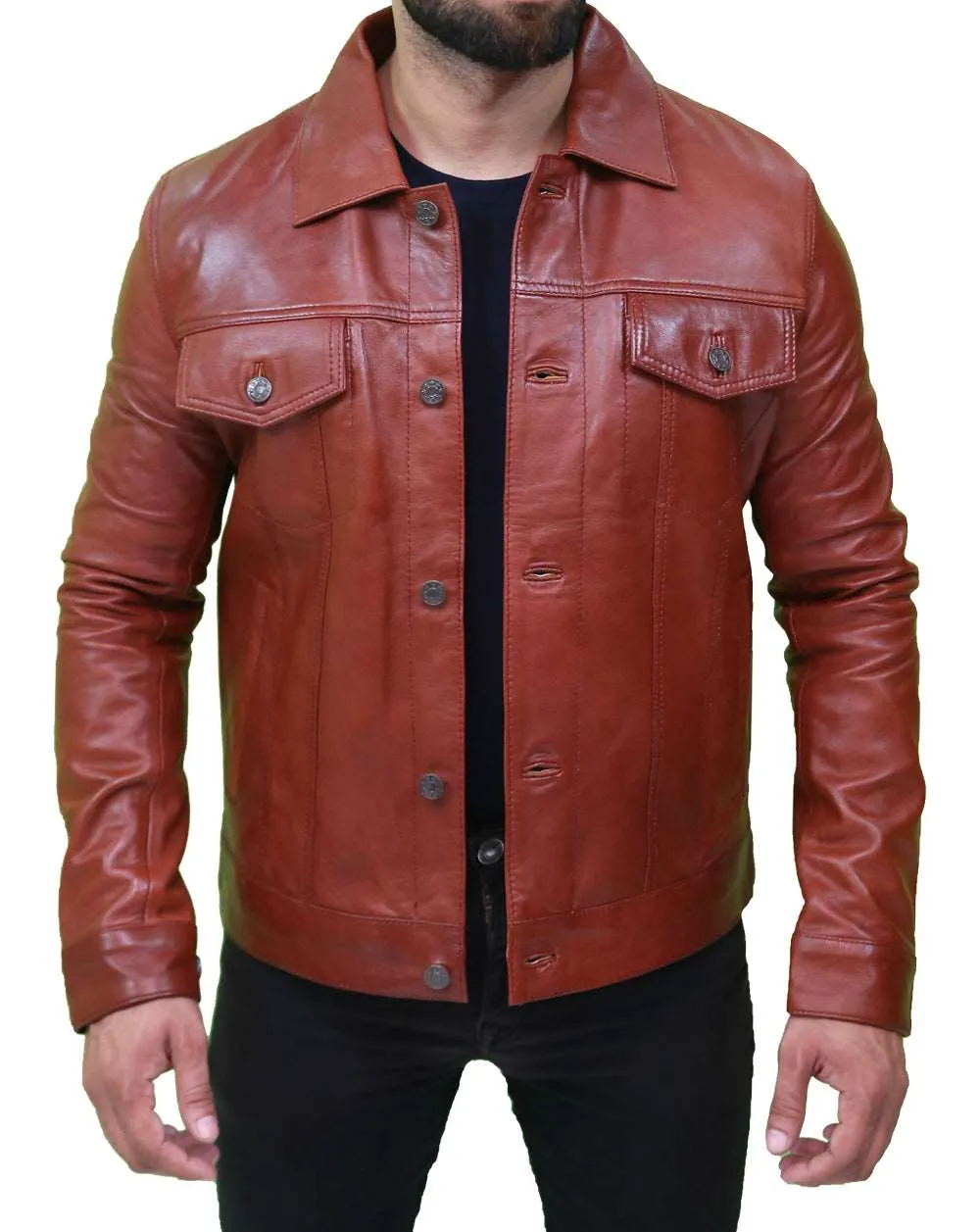 Men's Vintage Classic Brown Leather Trucker Jacket