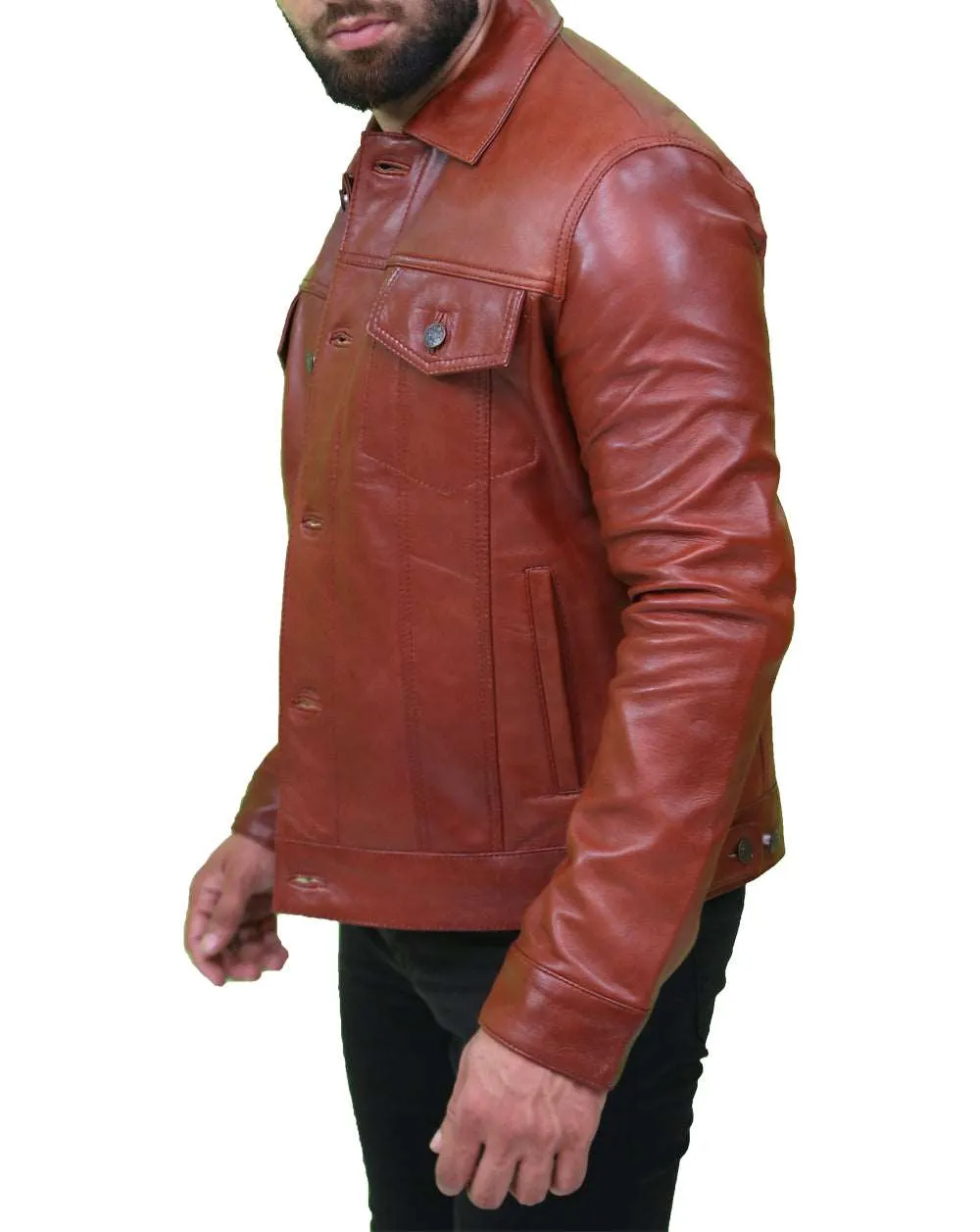 Men's Vintage Classic Brown Leather Trucker Jacket