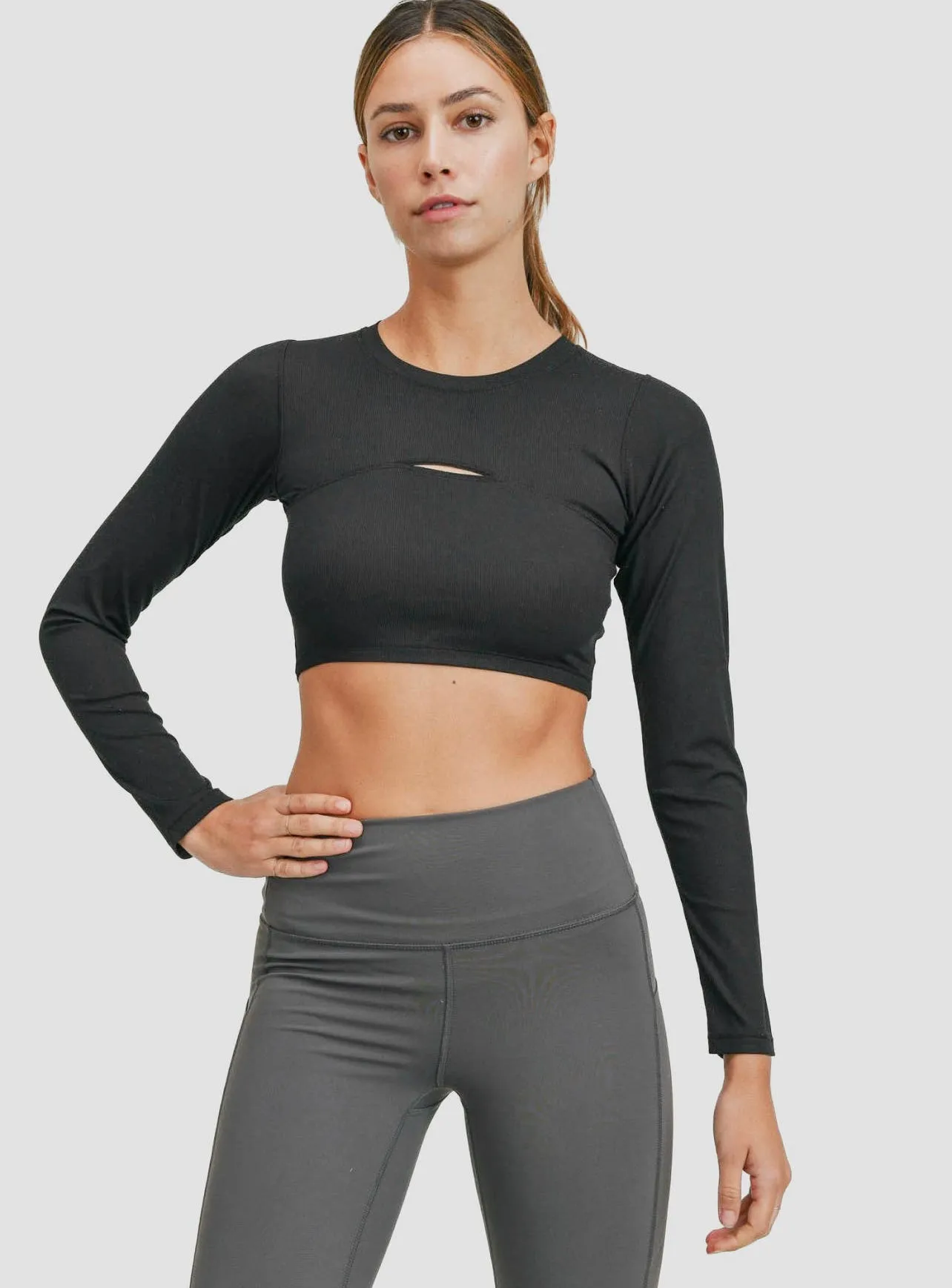 Micro-Ribbed Long Sleeve Cropped PeekABoo Top