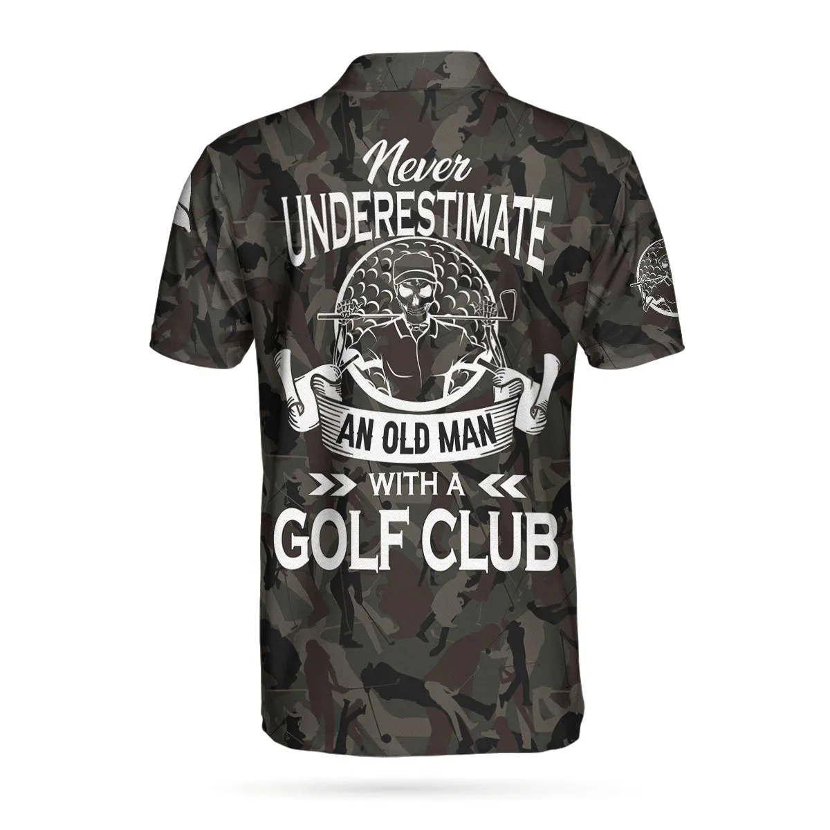 Never Underestimate An Old Man Camouflage Pattern Skull Polo Shirt, Army Skeleton Golfer Polo Shirt, Camo Golf Shirt For Men Coolspod