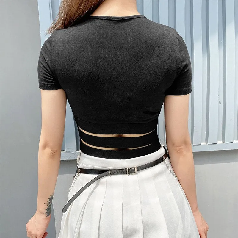 Patchwork Ribbon Hollow Out Gothic Crop Top Female Short Sleeve Summer Tshirt Letter Print Black Streetwear Top Tees