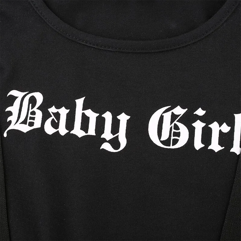 Patchwork Ribbon Hollow Out Gothic Crop Top Female Short Sleeve Summer Tshirt Letter Print Black Streetwear Top Tees