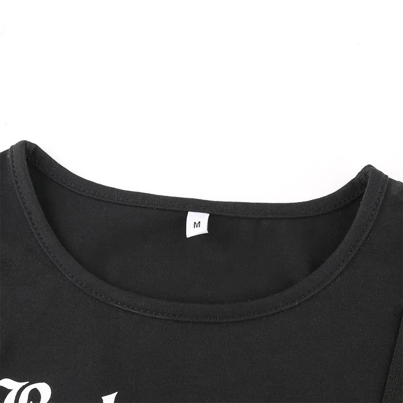 Patchwork Ribbon Hollow Out Gothic Crop Top Female Short Sleeve Summer Tshirt Letter Print Black Streetwear Top Tees