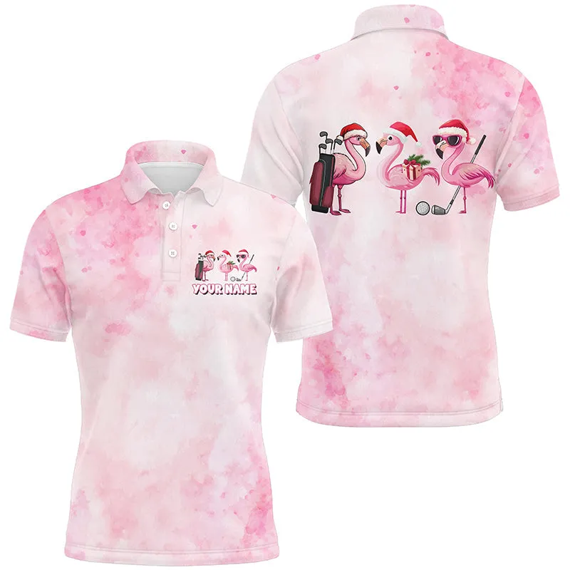 Pink Flamingo Christmas Men Golf Polo Shirts Custom Christmas Golf Shirts For Men, Golf Gifts