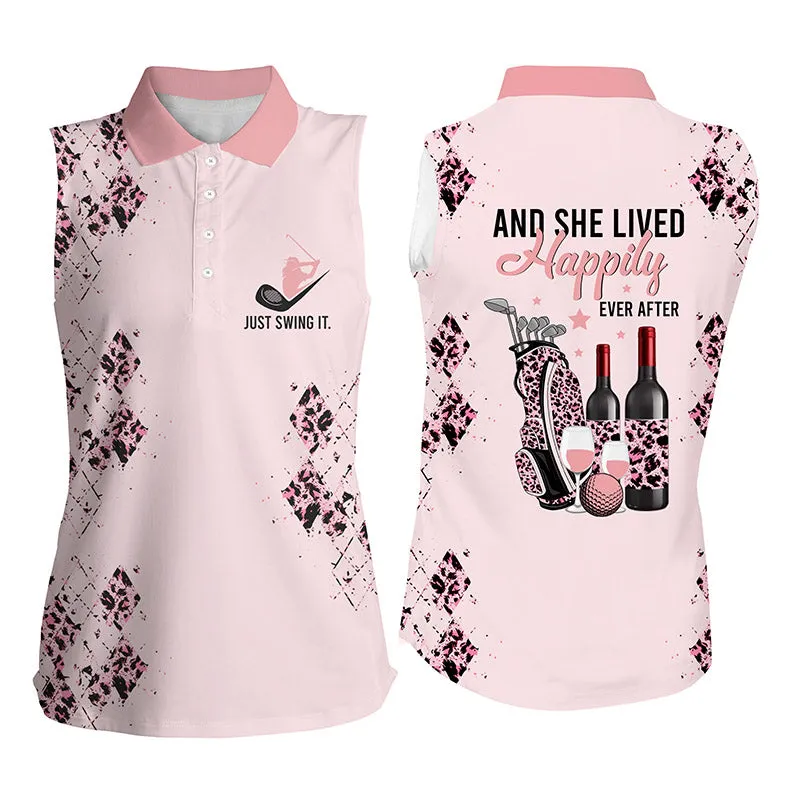 Pink Leopard Womens Golf Polo Shirts Custom Name Funny Golf And Wine And She Lived Happily Ever After