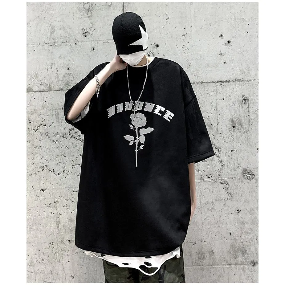 Print Elasticity Round Neck Suede Drop Shoulder Short Sleeve Tee