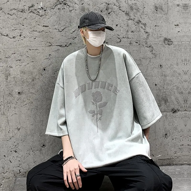 Print Elasticity Round Neck Suede Drop Shoulder Short Sleeve Tee