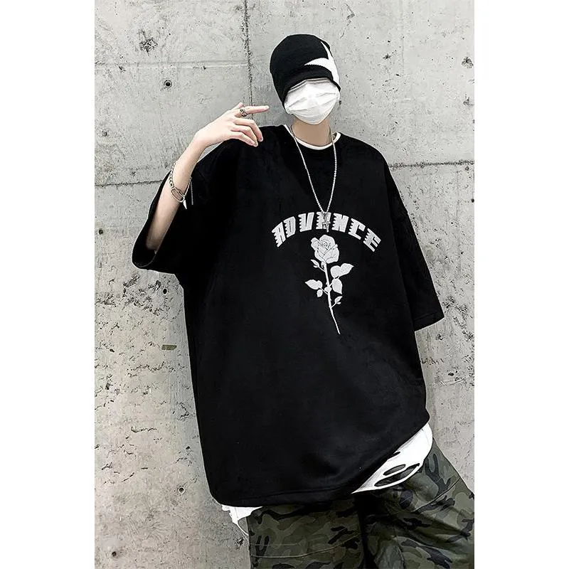 Print Elasticity Round Neck Suede Drop Shoulder Short Sleeve Tee