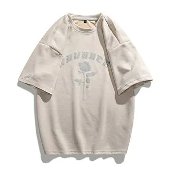 Print Elasticity Round Neck Suede Drop Shoulder Short Sleeve Tee