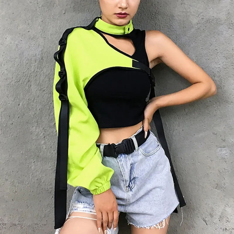 Punk Gothic Reflective Crop Top T Shirt With Buckle Sexy Choker Collar One Shoulder Summer Tops For Women Streetwear