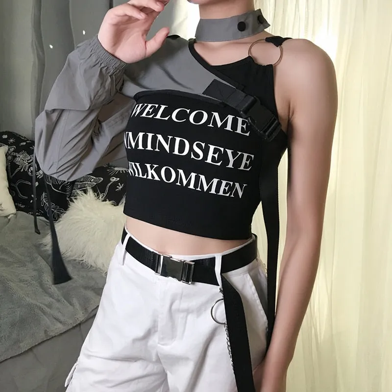 Punk Gothic Reflective Crop Top T Shirt With Buckle Sexy Choker Collar One Shoulder Summer Tops For Women Streetwear