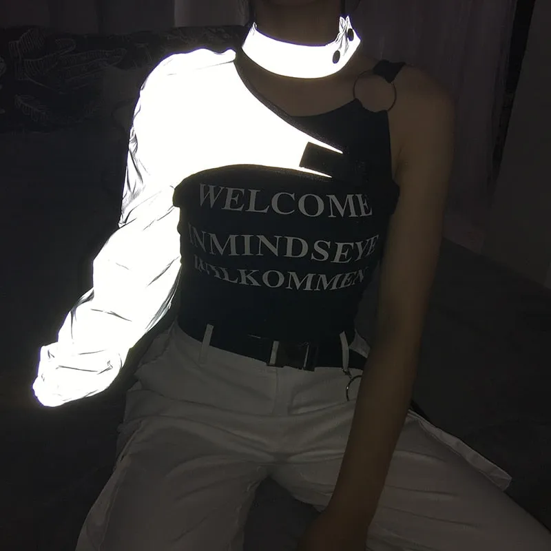 Punk Gothic Reflective Crop Top T Shirt With Buckle Sexy Choker Collar One Shoulder Summer Tops For Women Streetwear