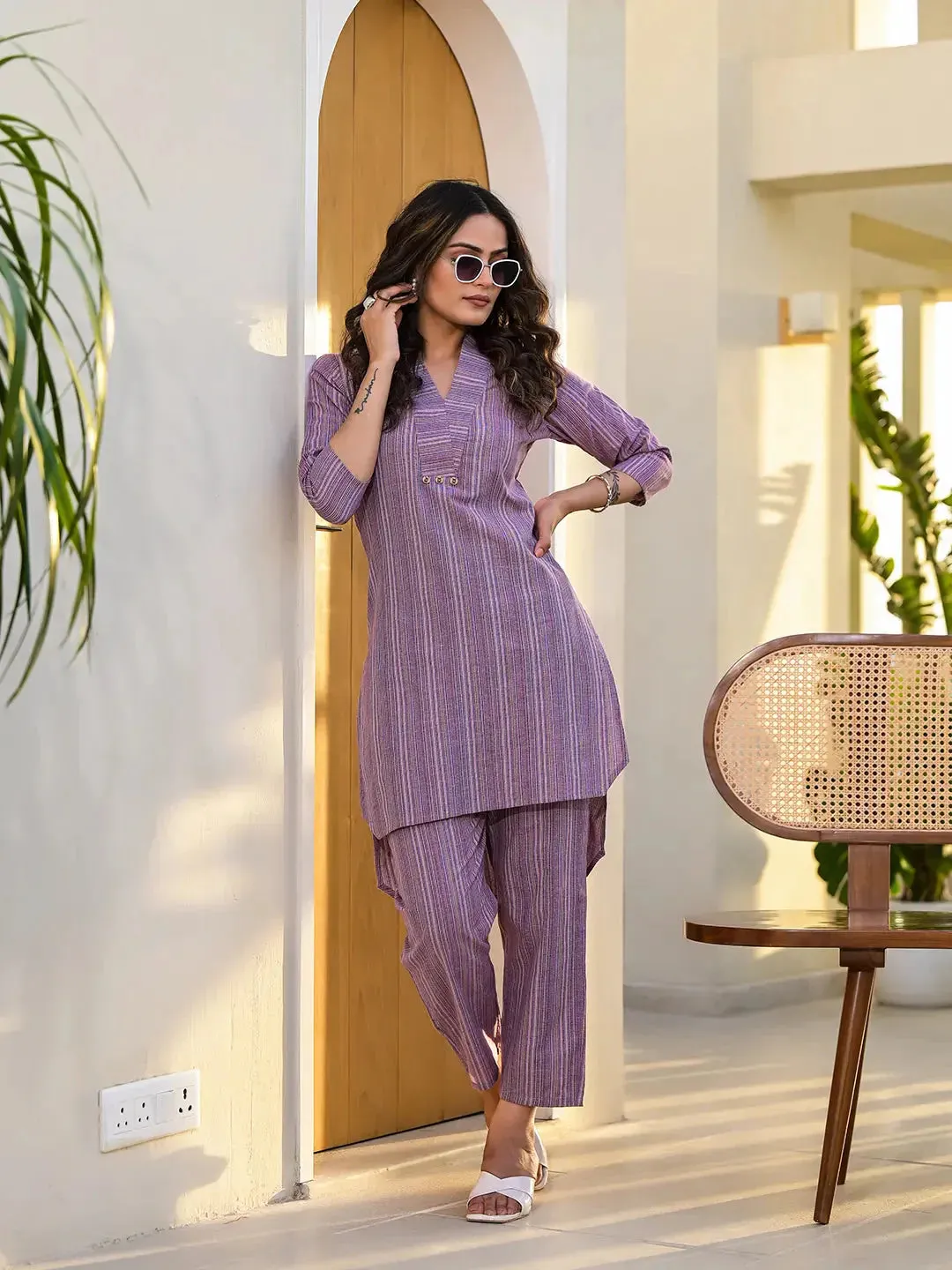 Purple Cotton Striped Print Co-Ord Set