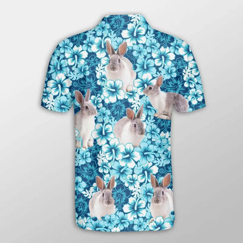 Rabbit Men Polo Shirts For Summer - Rabbit Blue Hibiscus Pattern Button Shirts For Men - Perfect Gift For Rabbit Lovers, Cattle Lovers