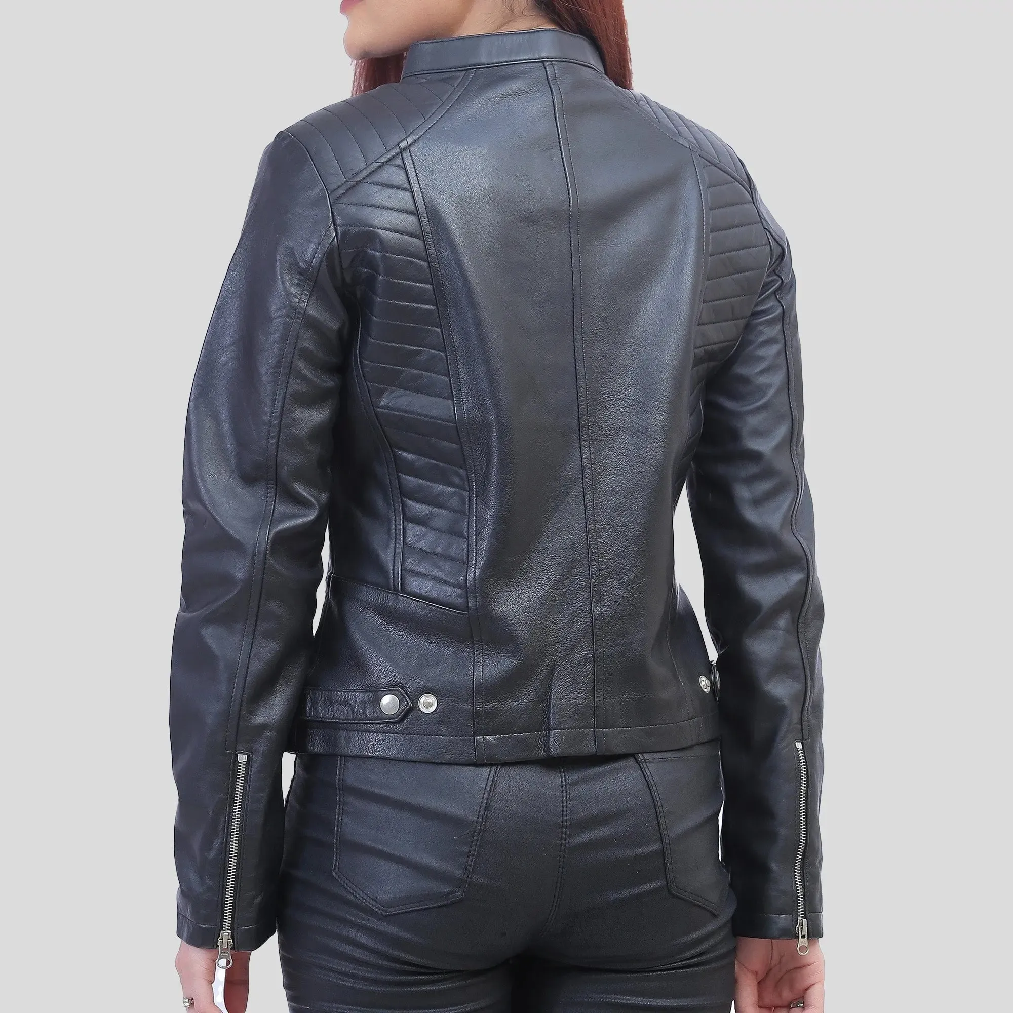 Rachel Womens Petite Black Cafe Racer Leather Jacket