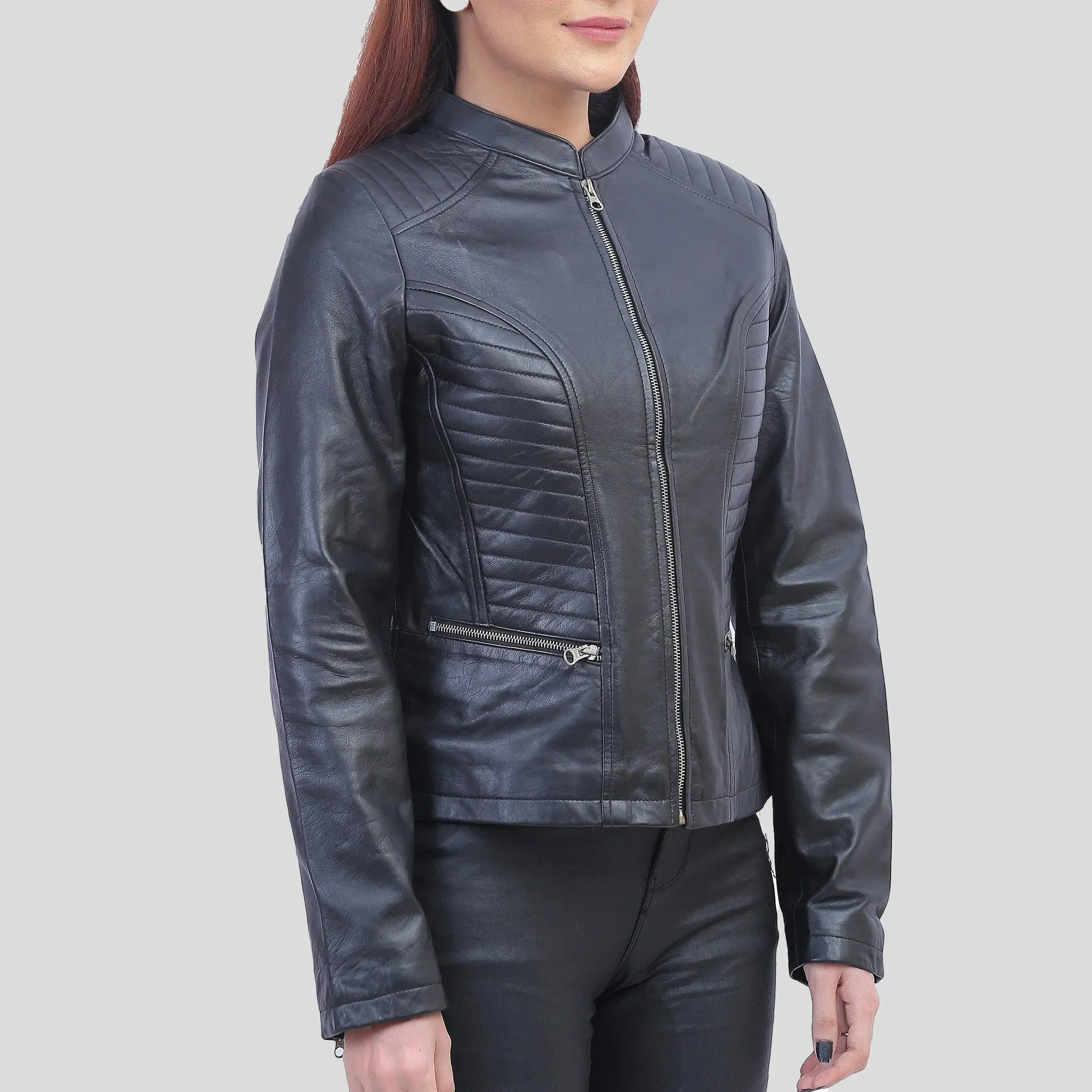 Rachel Womens Petite Black Cafe Racer Leather Jacket