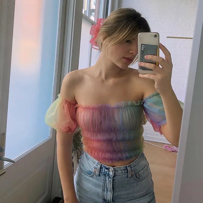 Rainbow Tie Dye Print Puff Sleeve Crop Top Short Sleeve Mesh Tees