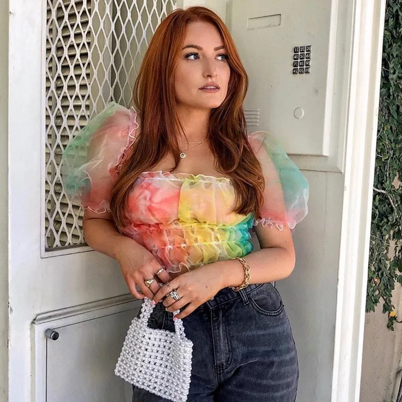 Rainbow Tie Dye Print Puff Sleeve Crop Top Short Sleeve Mesh Tees