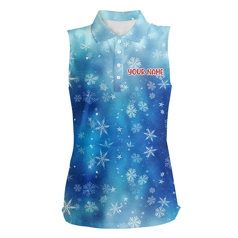 Snowflakes And Blurred Lights Blue Christmas Golf Polo Shirts Custom Golf Shirts For Women