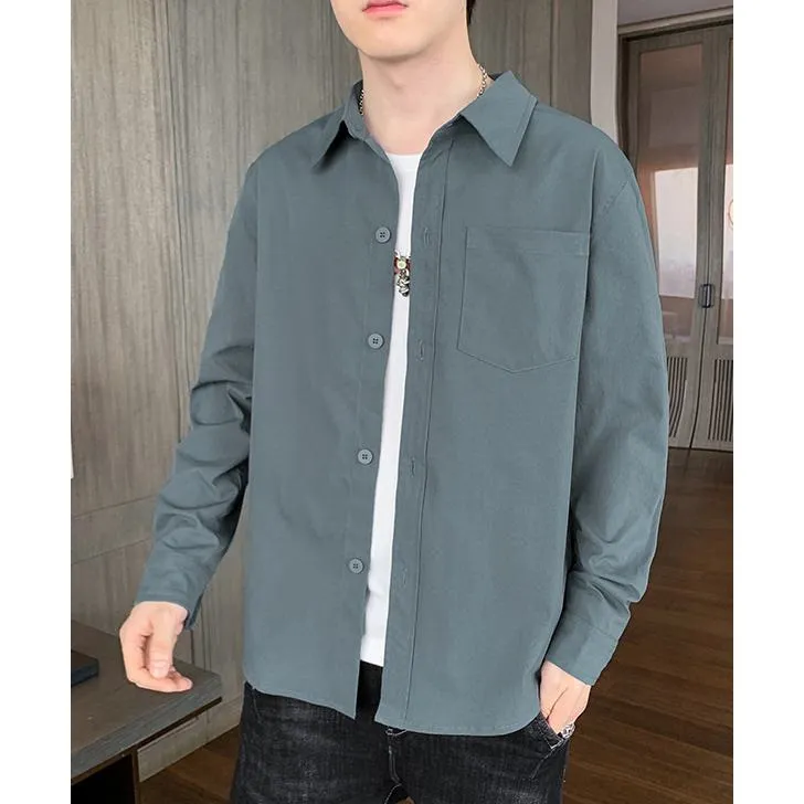 Solid Color Loose Fit Button Front Long Sleeve Shirt