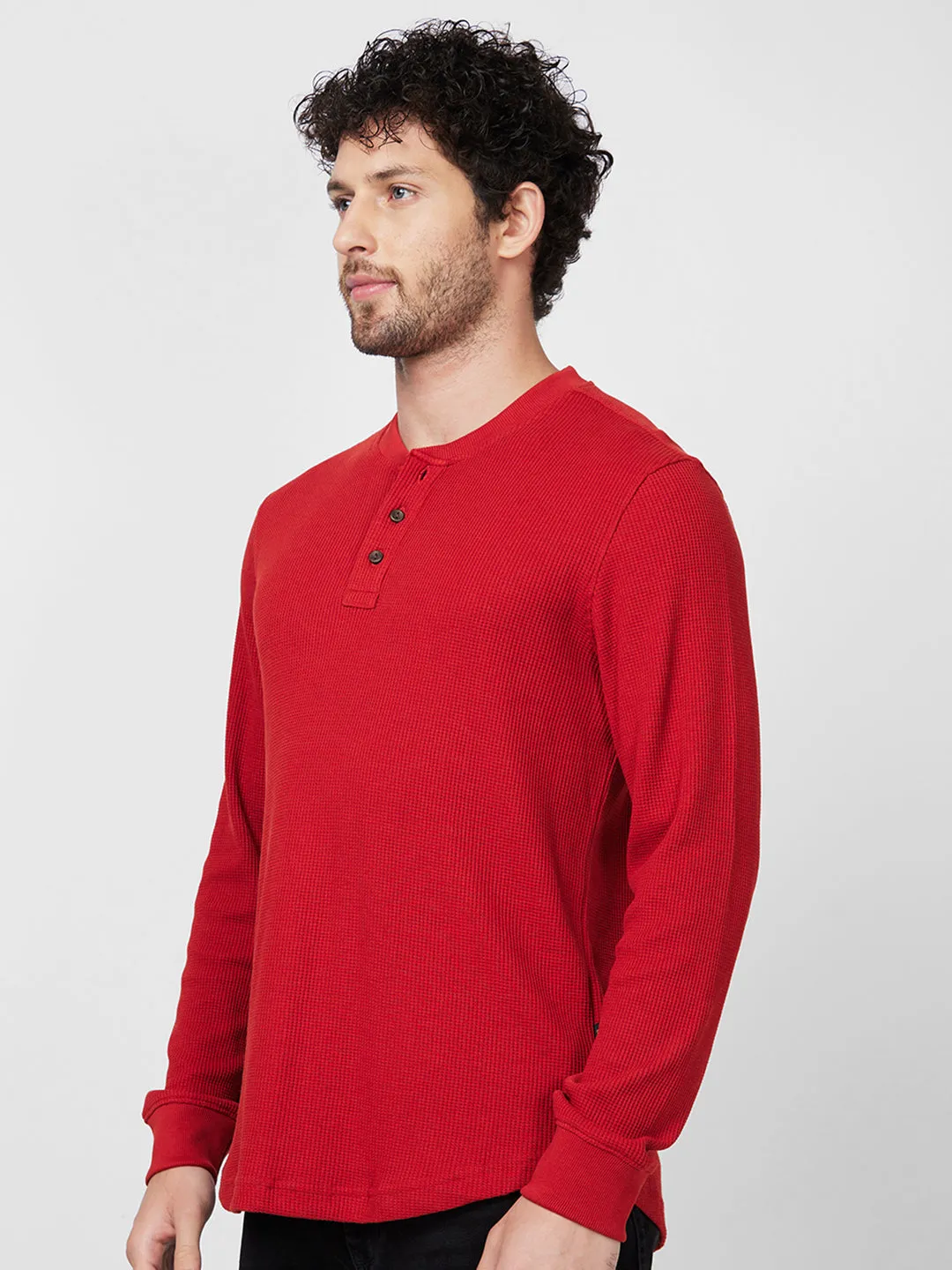 Spykar Henley Neck Full Sleeve Orange Solid T-Shirt For Men