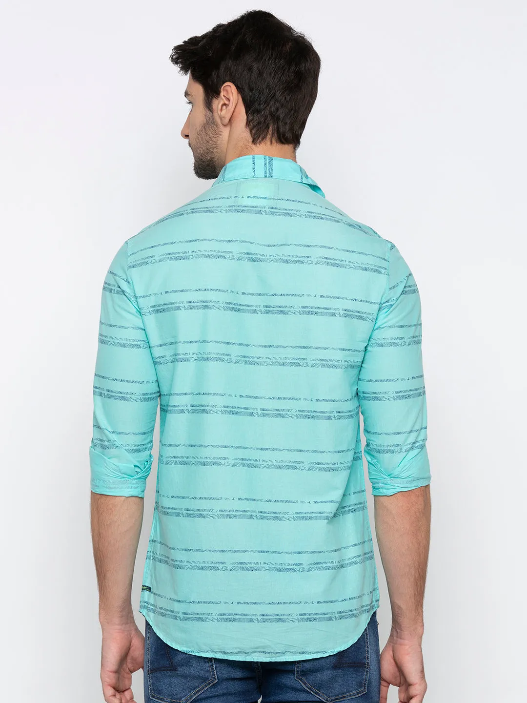 Spykar Men Aqua Green Cotton Slim Fit Shirt