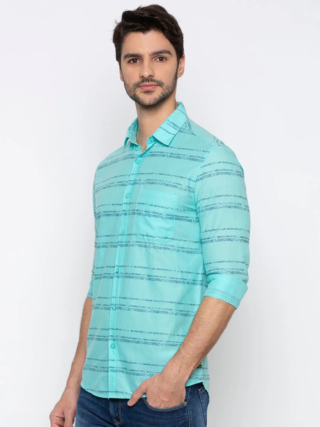 Spykar Men Aqua Green Cotton Slim Fit Shirt