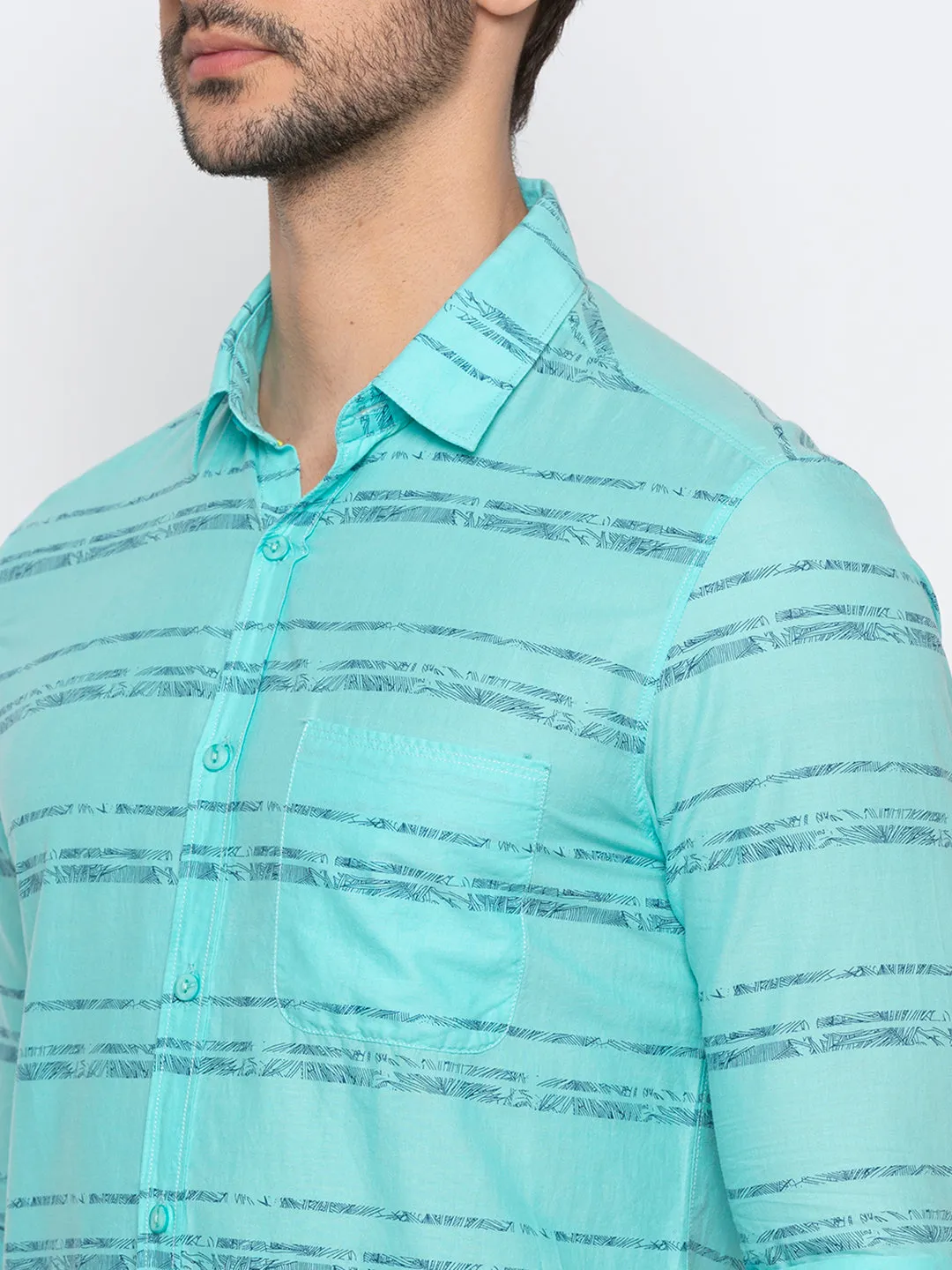 Spykar Men Aqua Green Cotton Slim Fit Shirt