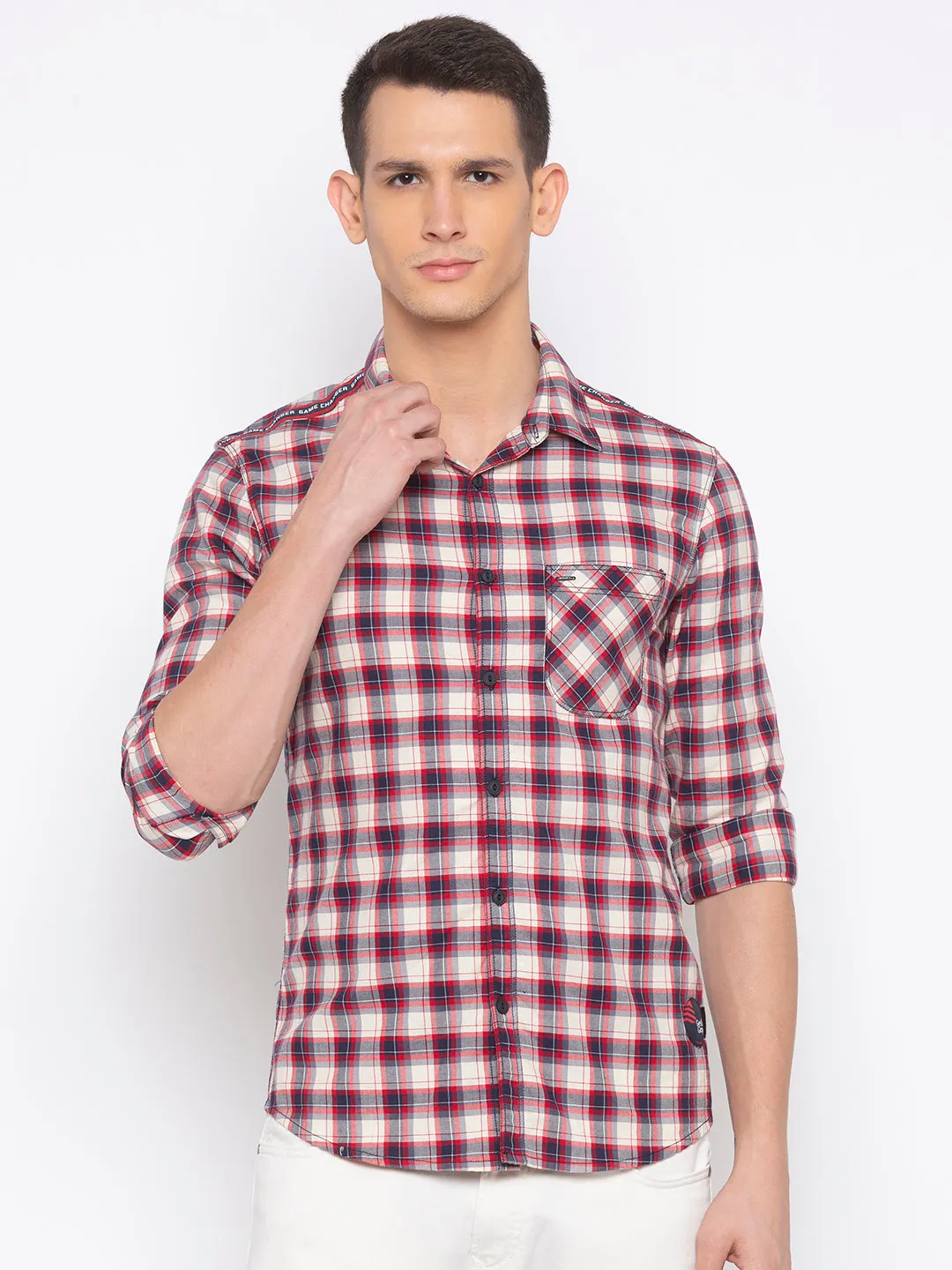 Spykar Men Beige Checked Slim Fit Casual Shirt