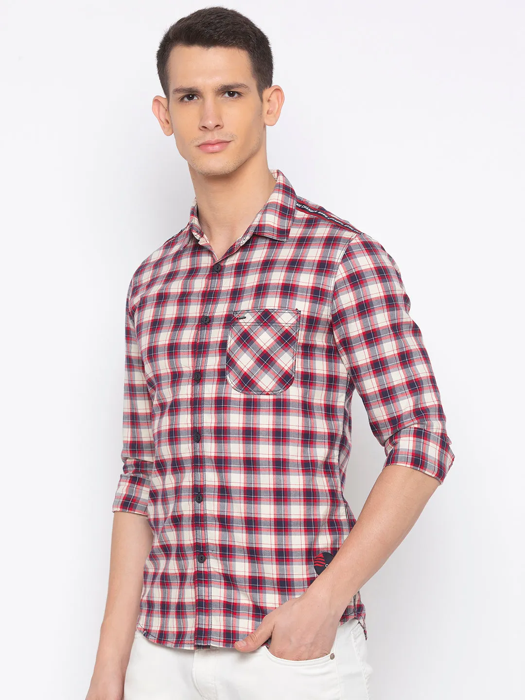 Spykar Men Beige Checked Slim Fit Casual Shirt