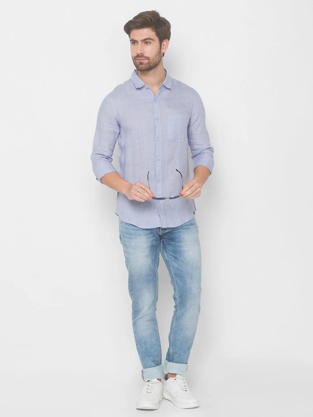 Spykar Men Lavender Cotton Shirts (Slim)