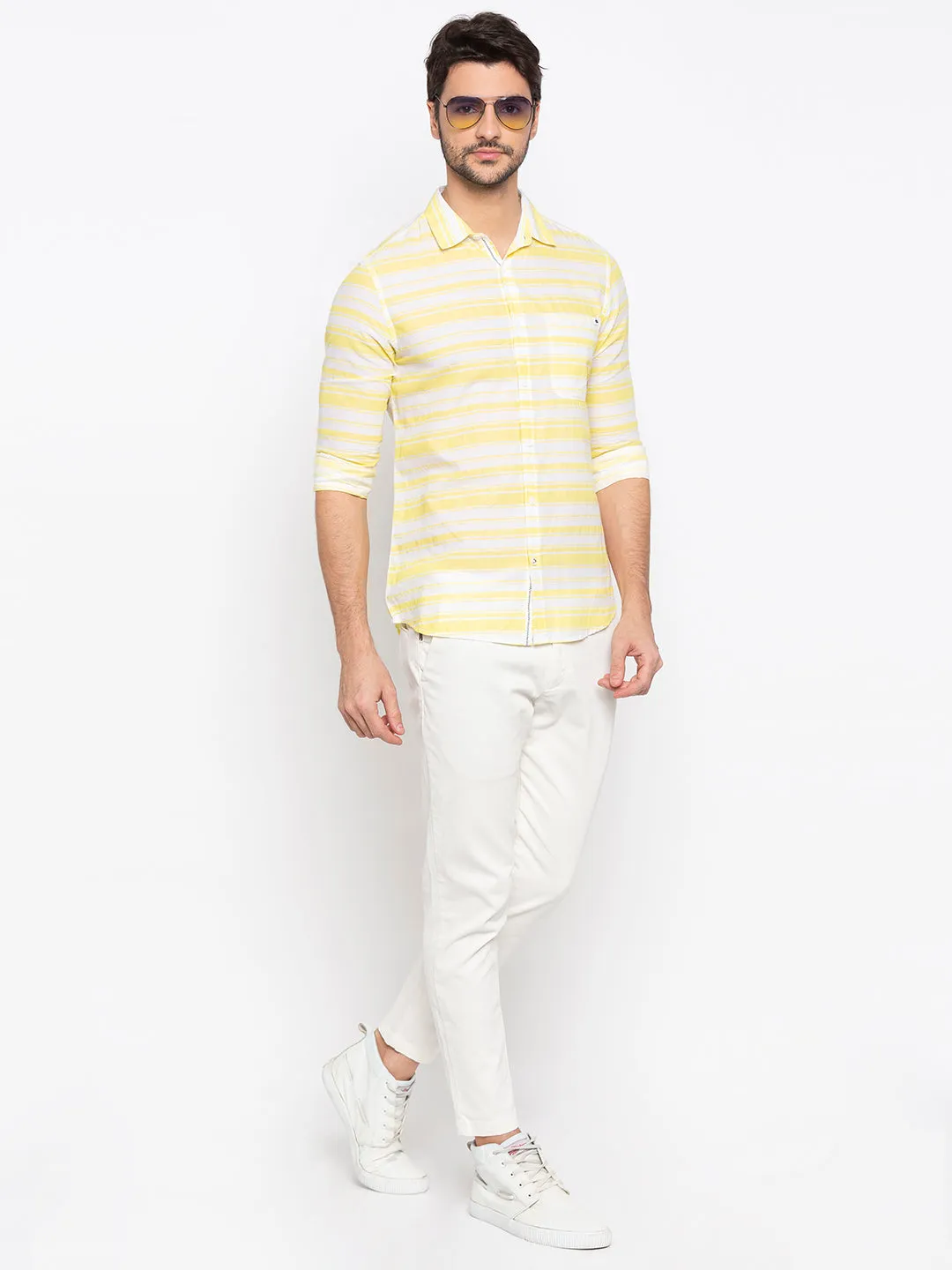 Spykar Men Lemon Yellow Cotton Slim Fit Shirt