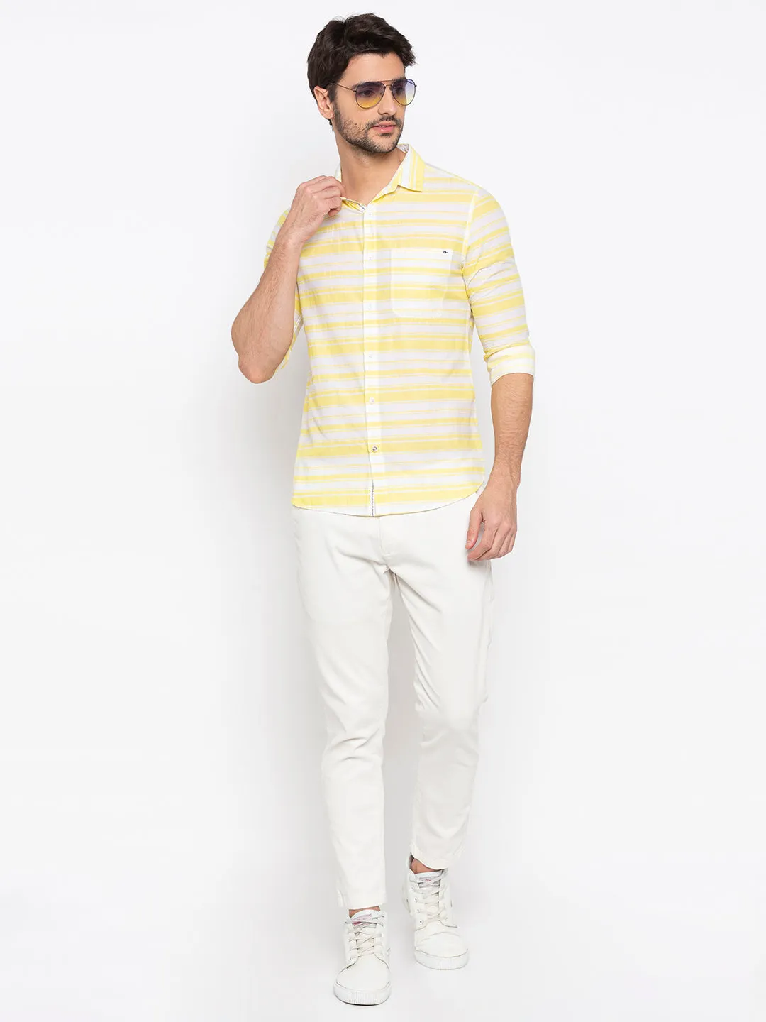 Spykar Men Lemon Yellow Cotton Slim Fit Shirt