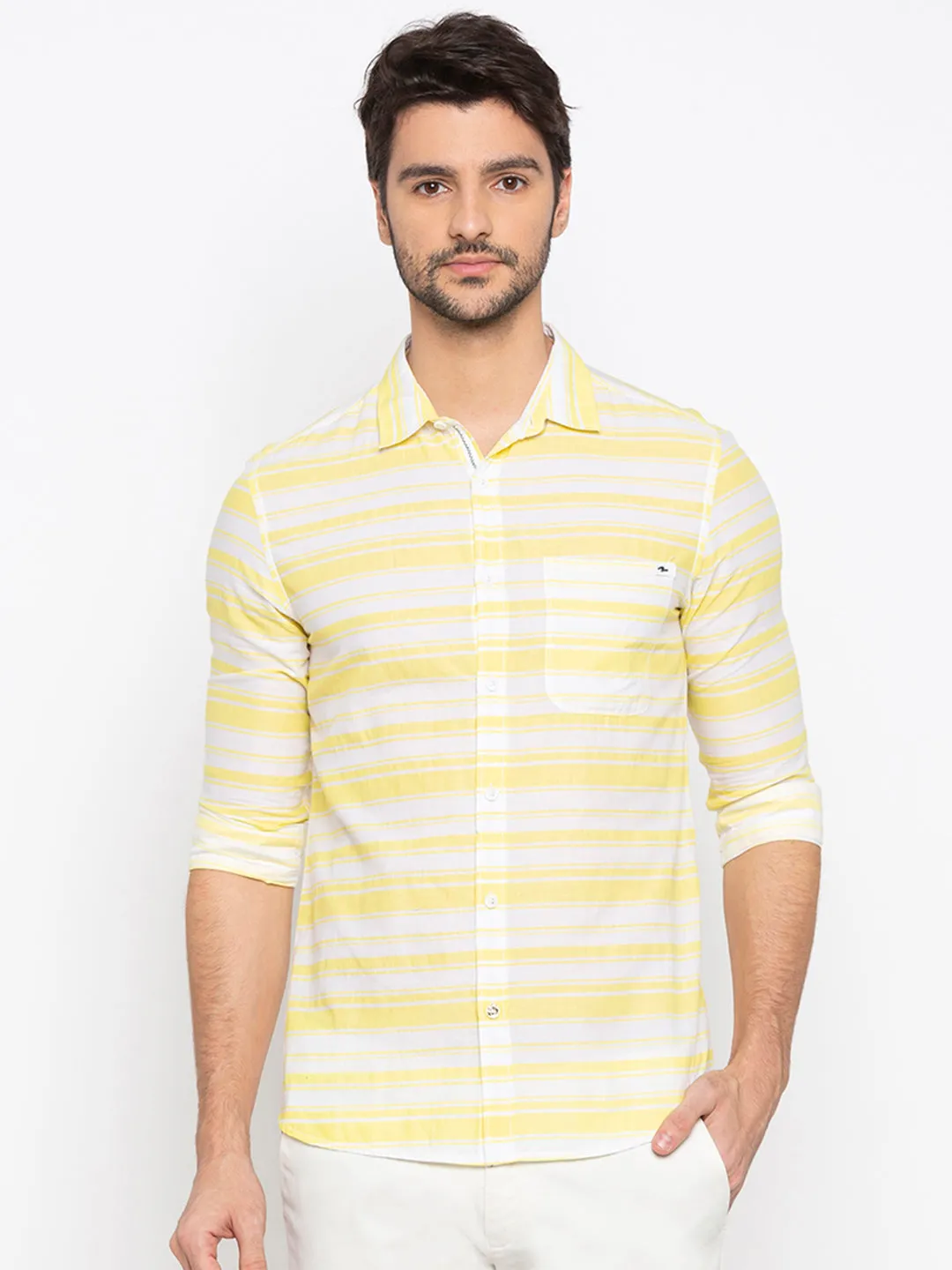 Spykar Men Lemon Yellow Cotton Slim Fit Shirt