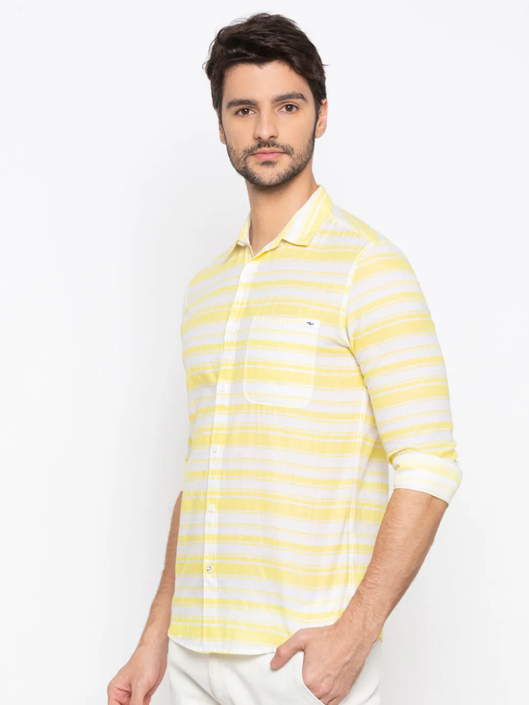 Spykar Men Lemon Yellow Cotton Slim Fit Shirt