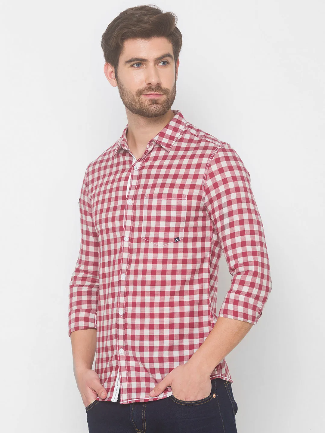 Spykar Men Mauve Red Cotton Slim Fit Shirt