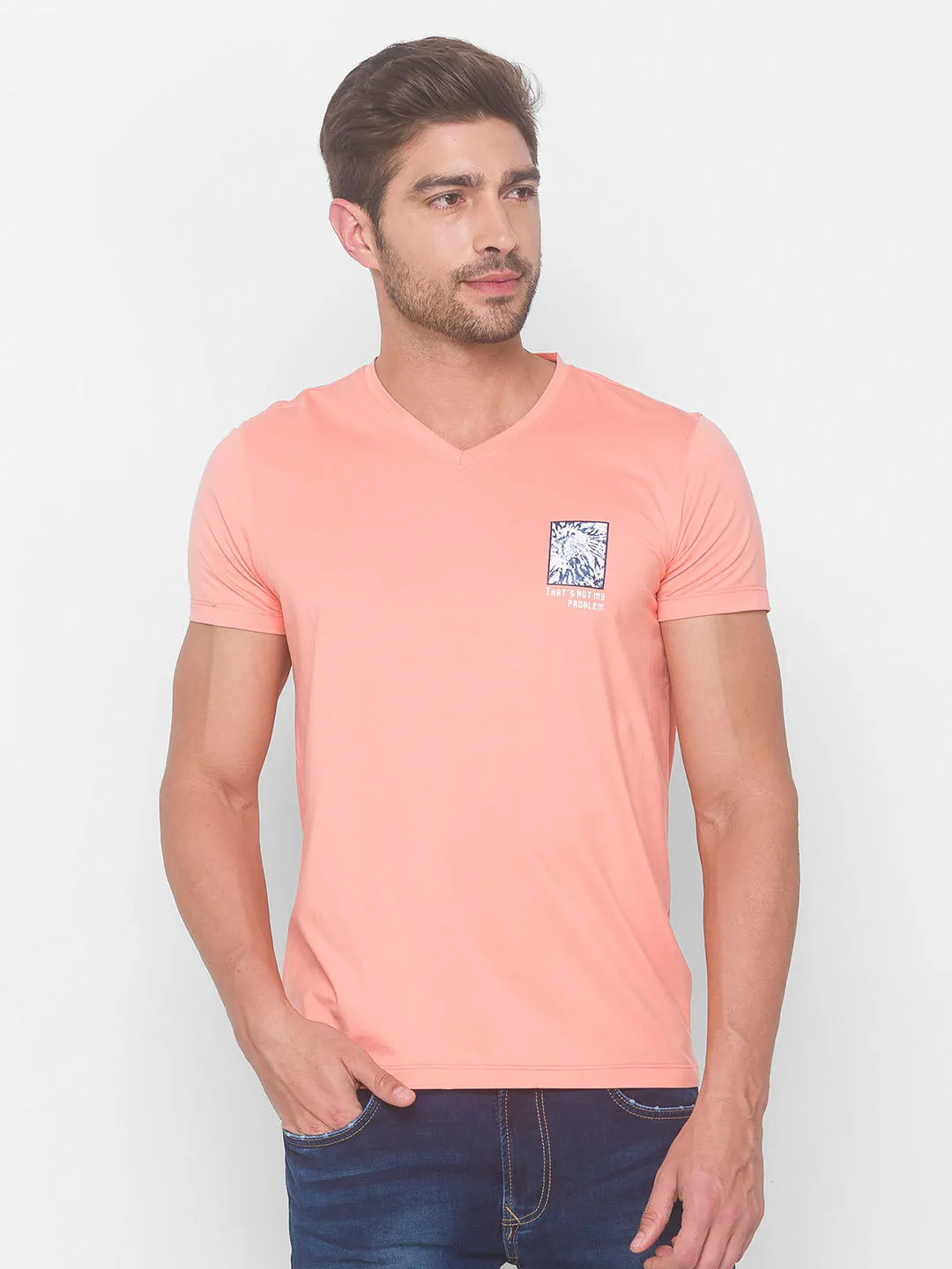 Spykar Men Pink Cotton Slim Fit V-Neck T-Shirt