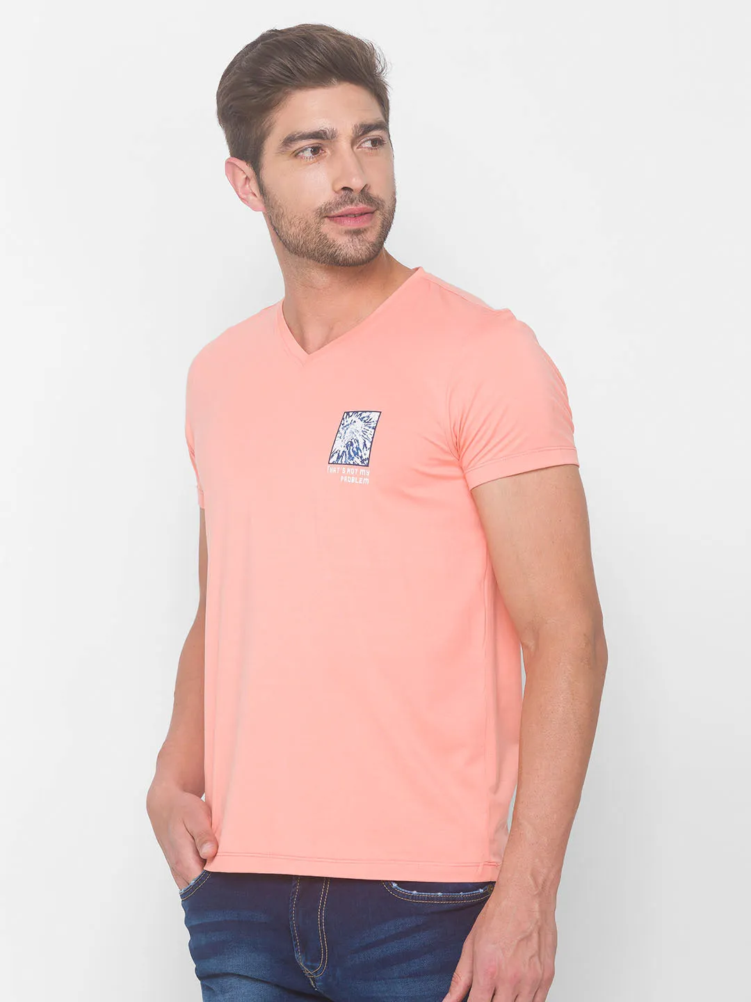 Spykar Men Pink Cotton Slim Fit V-Neck T-Shirt