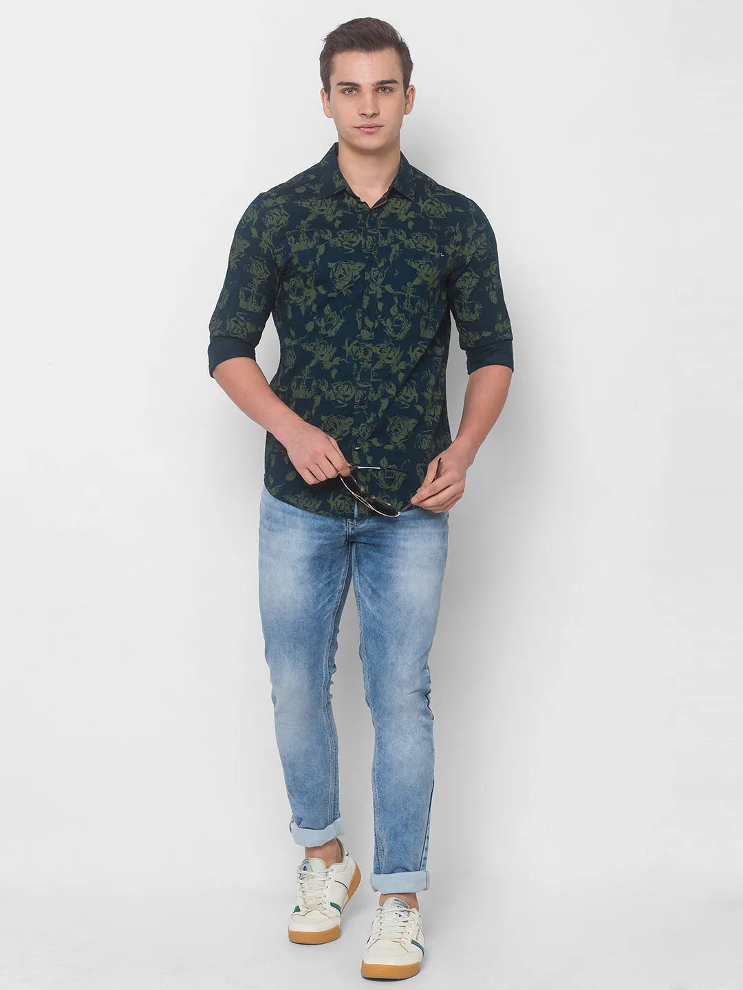 Spykar Men Teal Blue Cotton Shirts (Uniqlo)